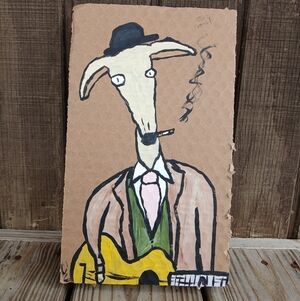 Dog Playing Guitar Painting Folk Art